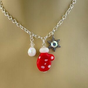 New Winter Charm Necklace, Handmade, Mitten Snowflake Snowball, Lamp Work, AB